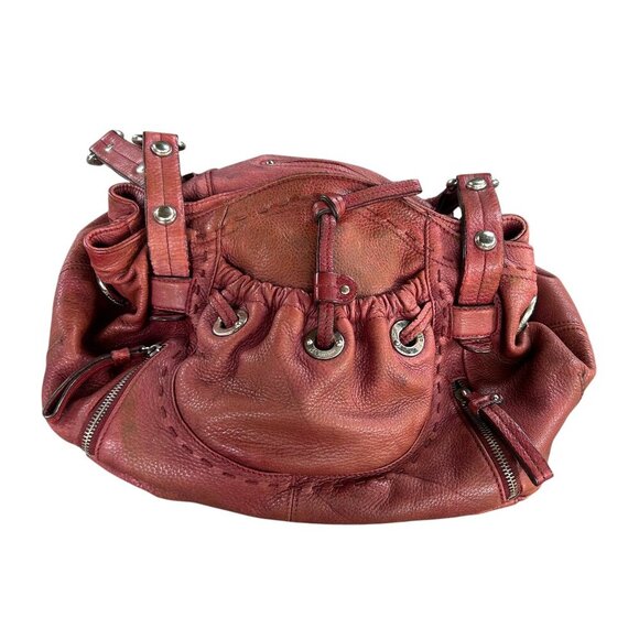 B Makowsky Lisbon Brown Red Drawstring Pocket Hobo Bag Satchel - Picture 2 of 16